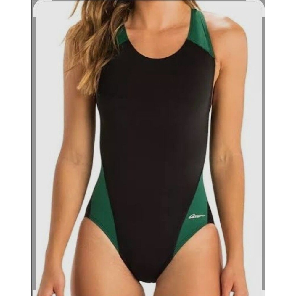 Dolfin Women's Ocean Panel Black/Forest Performance Back 1-Piece Swim Sz 38 New